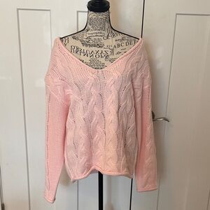 Edikted Blush Pink Off-Shoulder Cable Knit Sweater